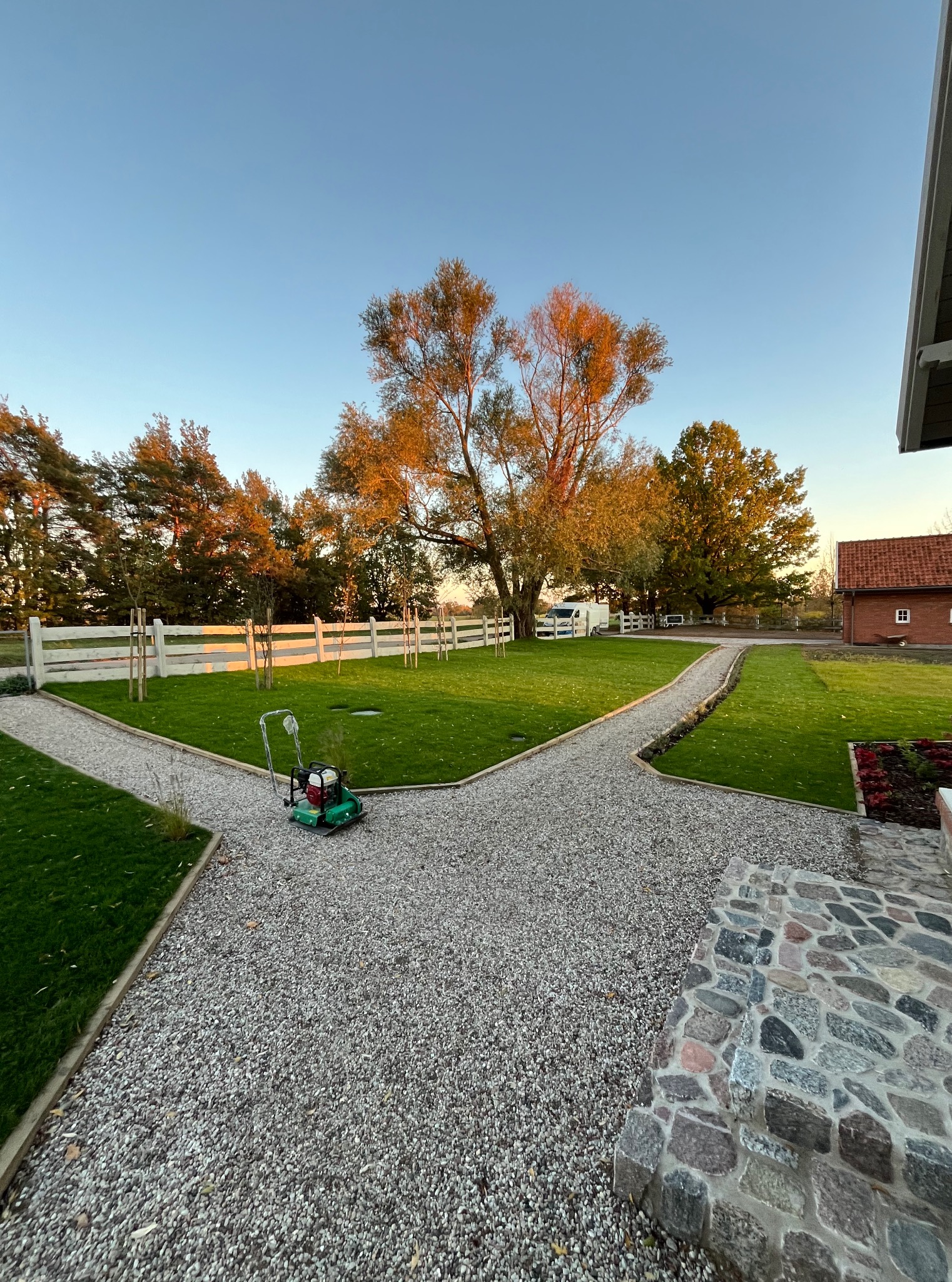 Widok na świeżo założony trawnik z białym ogrodzeniem i ścieżką z kamyczków, gdzie stoi zagęszczarka wibracyjna. W tle drzewa i budynek z czerwonej cegły.