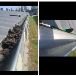 KRIS-BUD Krzysztof Gliniecki Usługi ziemne i konstrukcje drewniane - Porównanie: rynna przed czyszczeniem, pełna liści i brudu, oraz ta sama rynna po czyszczeniu, pusta i czysta. Widoczne narzędzie do czyszczenia rynien.