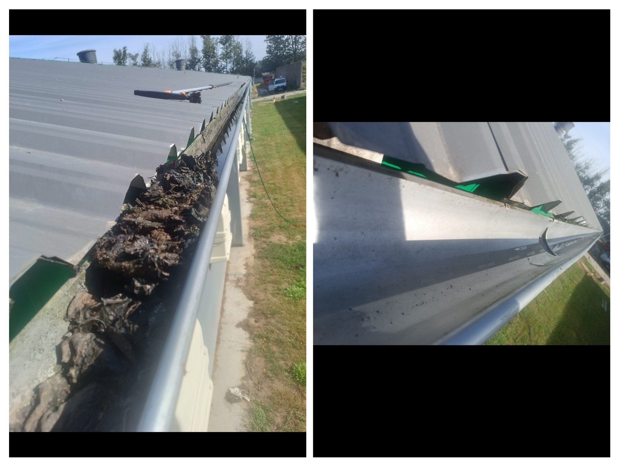 Porównanie: rynna przed czyszczeniem, pełna liści i brudu, oraz ta sama rynna po czyszczeniu, pusta i czysta. Widoczne narzędzie do czyszczenia rynien.