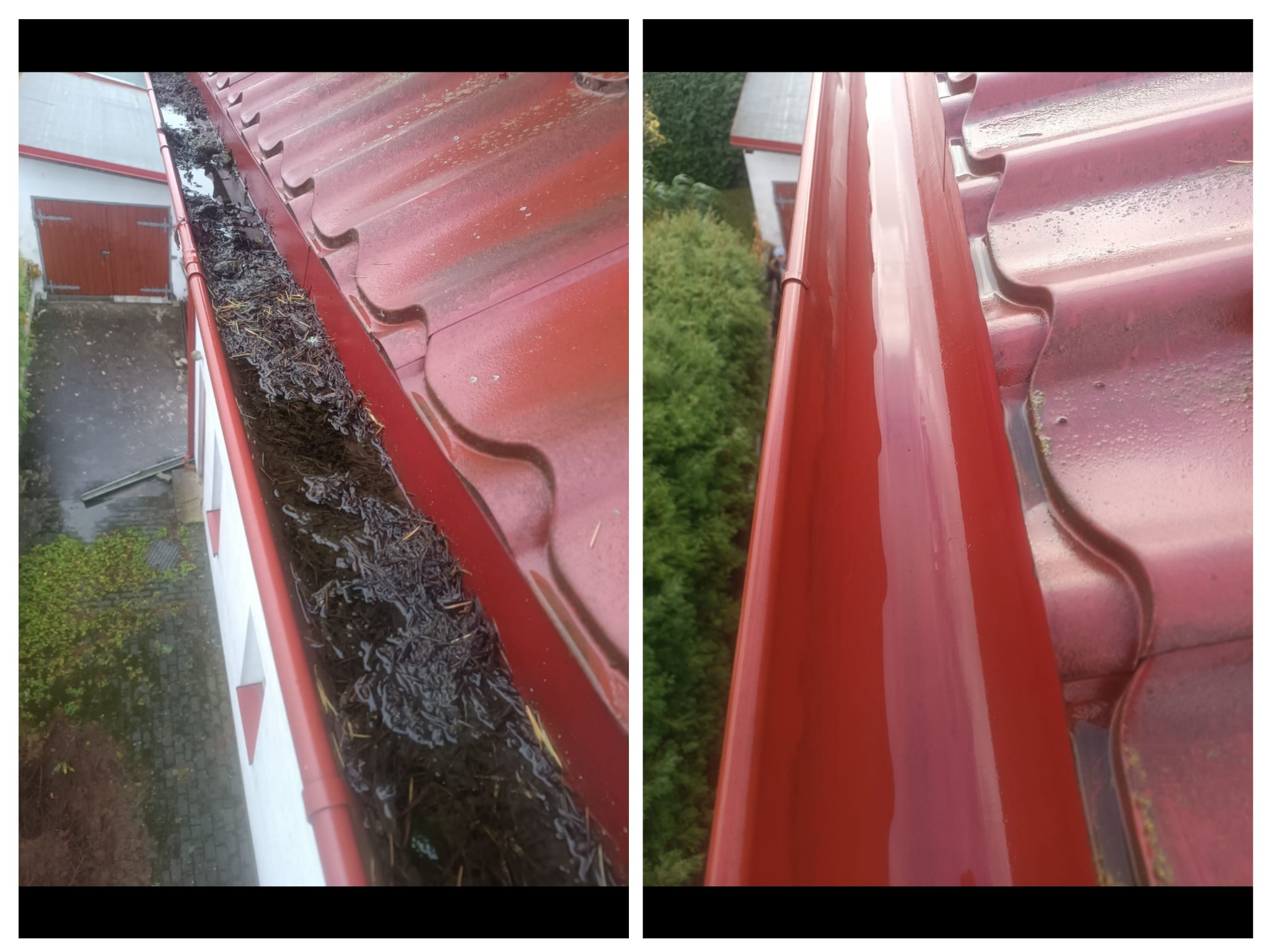 Porównanie: rynna przed czyszczeniem, pełna liści i brudu, oraz ta sama rynna po czyszczeniu, czysta i pusta. Czerwona dachówka, widok z góry.