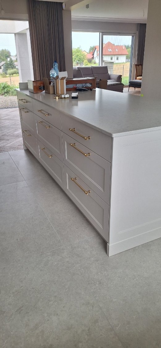 Wyspa kuchenna z szarymi frontami i złotymi uchwytami, w tle okno z widokiem na dom. Minimalistyczny styl, jasne wnętrze. Elementy wyposażenia na blacie.