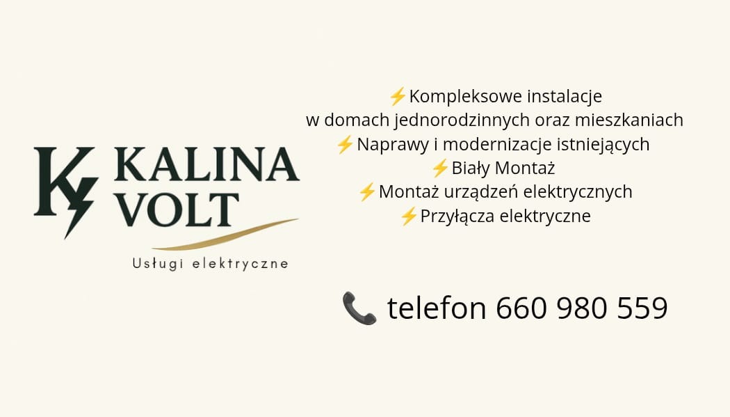 Grafika firmy Kalina Volt oferującej usługi elektryczne: kompleksowe instalacje, naprawy, biały montaż, montaż urządzeń, przyłącza. Kontakt: telefon 660 980 559.