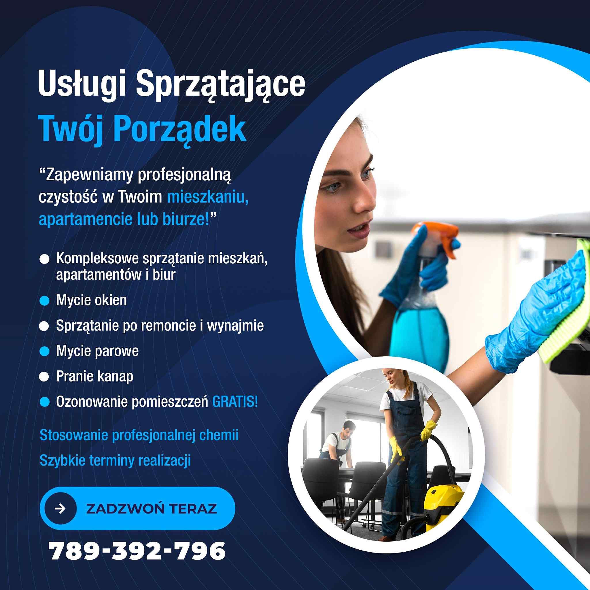 Grafika reklamowa: Usługi sprzątające. Kobieta w rękawicach czyści powierzchnię, w tle odkurzacz. Oferta obejmuje sprzątanie mieszkań, biur, mycie okien i pranie kanap.