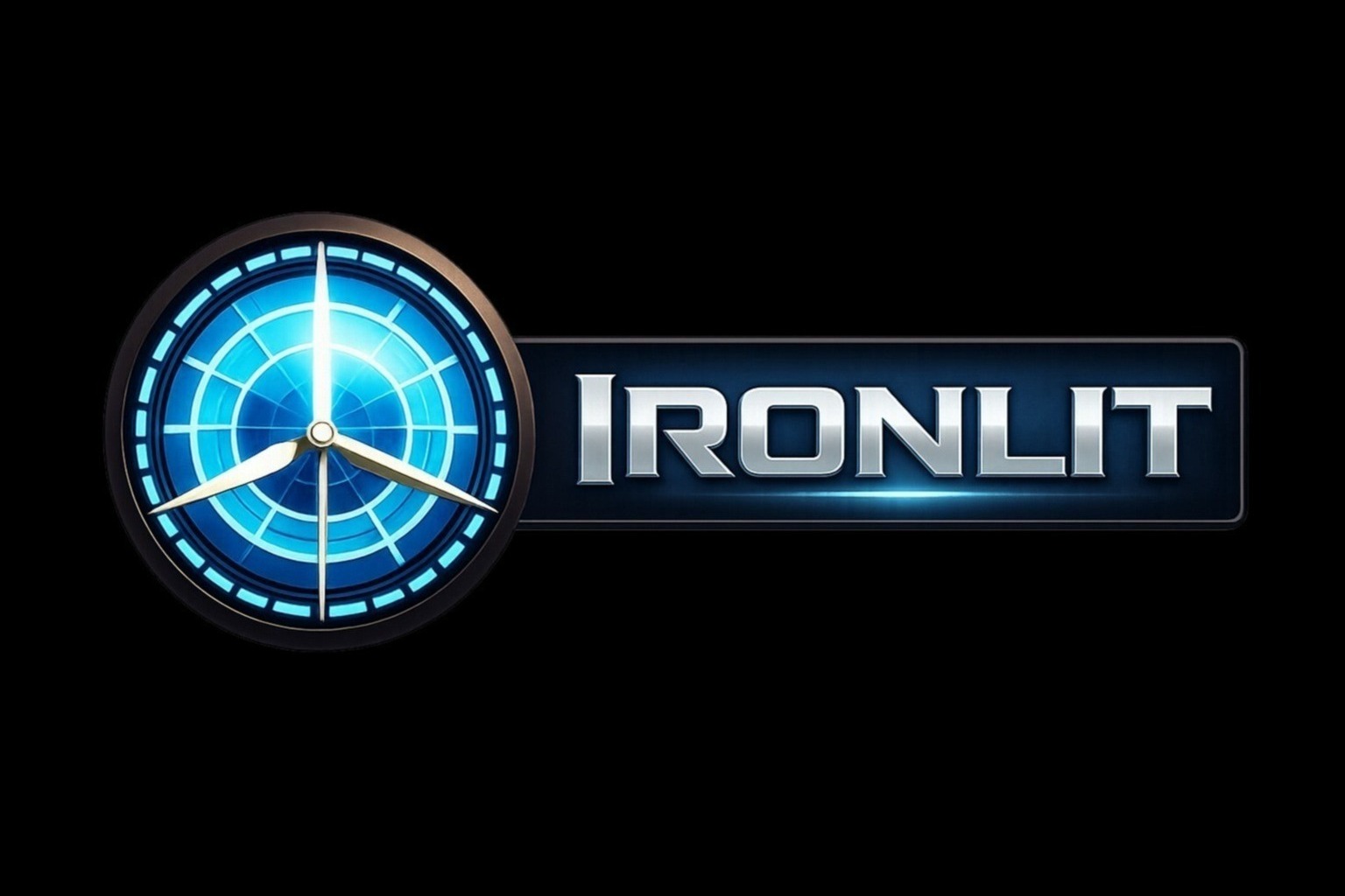 Logo firmy Ironlit z Poznania: kompas z trzema wskazówkami i nazwą firmy w srebrnej ramce na czarnym tle. Nowoczesny design.