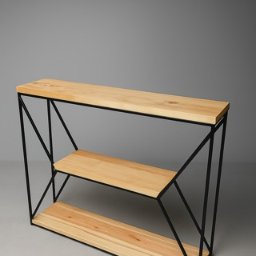 Remigiusz Ducki - Nowoczesny regał z drewna i metalu. Geometryczna konstrukcja z czarnych profili i jasnych półek z litego drewna. Minimalistyczny design na szarym tle.