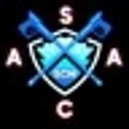 Jasnoniebieski herb z białymi literami SACA i skrzyżowanymi flagami na czarnym tle, logo firmy szkoleniowej z unikalnym, stylizowanym znakiem.