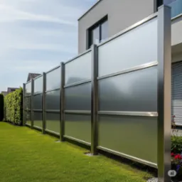 Nowoczesne ogrodzenie panelowe z matowego szkła i metalowych słupk&oacute;w na tle zielonego trawnika i domu z szarą elewacją w słoneczny dzień.