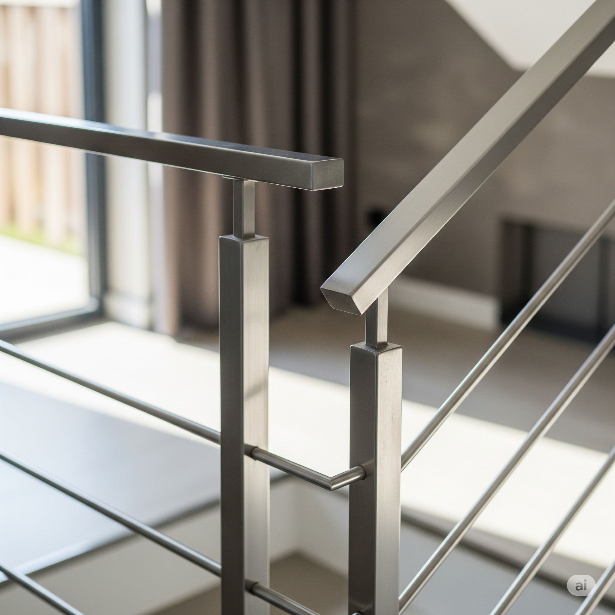 Nowoczesna balustrada ze stali nierdzewnej z poziomymi prętami i kwadratowymi słupkami, widoczna z bliska, w tle okno i zasłony.