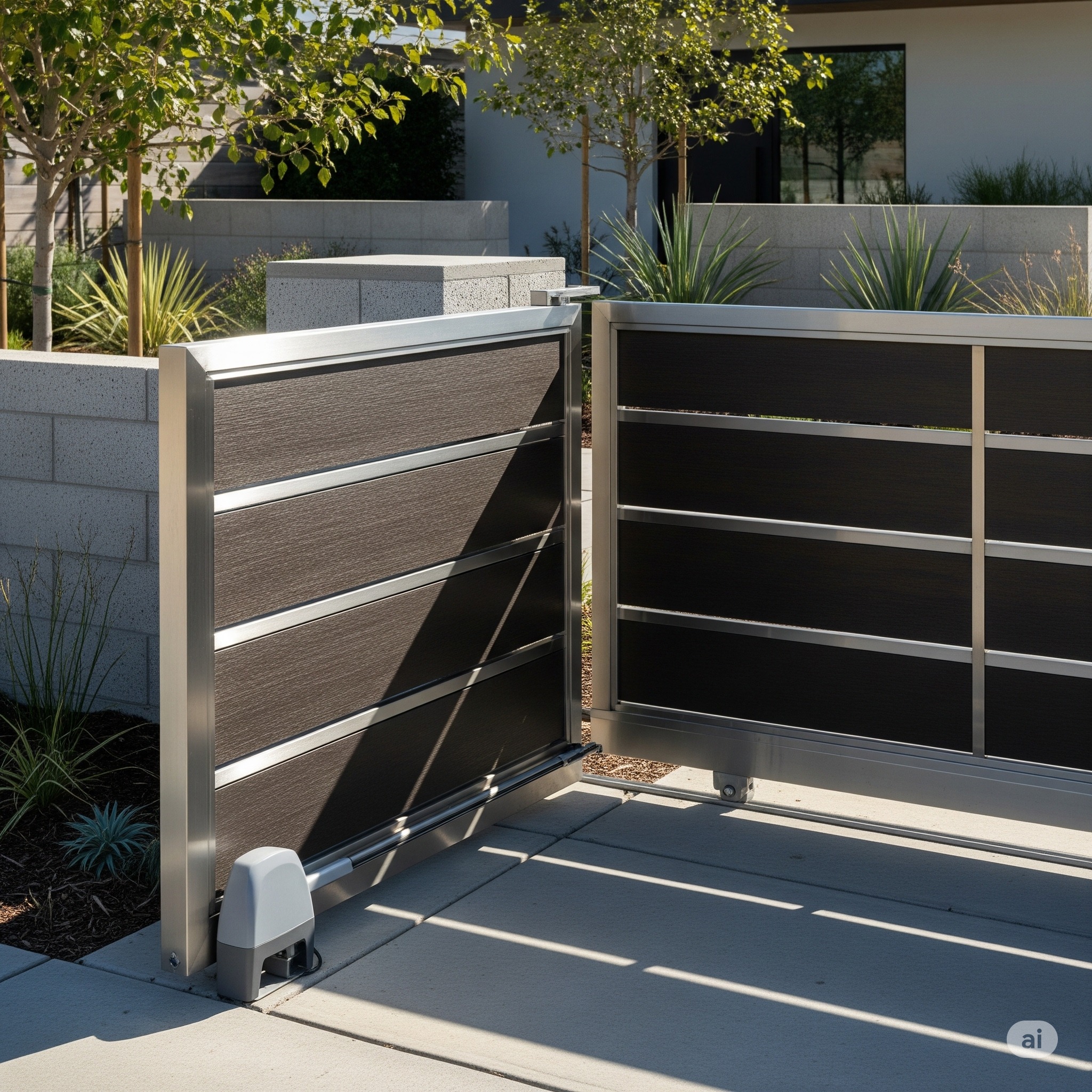 Nowoczesna brama metalowa z drewnopodobnymi panelami i automatycznym napędem, otwierająca się na zewnątrz. Widoczne elementy posesji i roślinność.