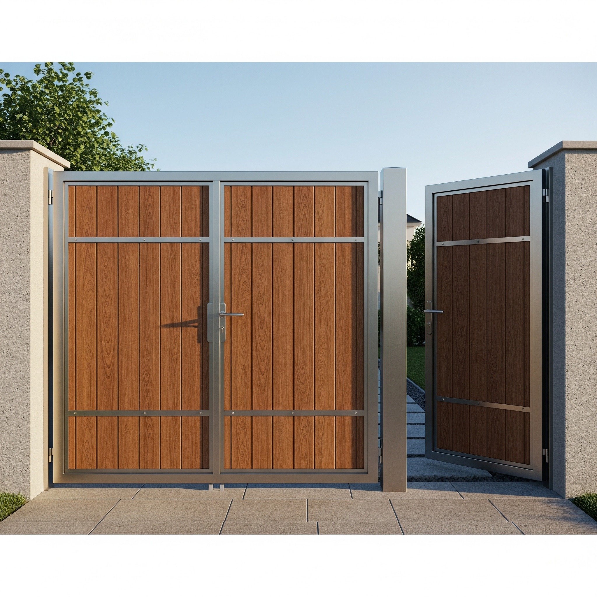 Dwuskrzydłowa brama posesyjna z drewnopodobnym wypełnieniem i metalową ramą, jedno skrzydło otwarte, widok z zewnątrz na tle zieleni i błękitnego nieba.