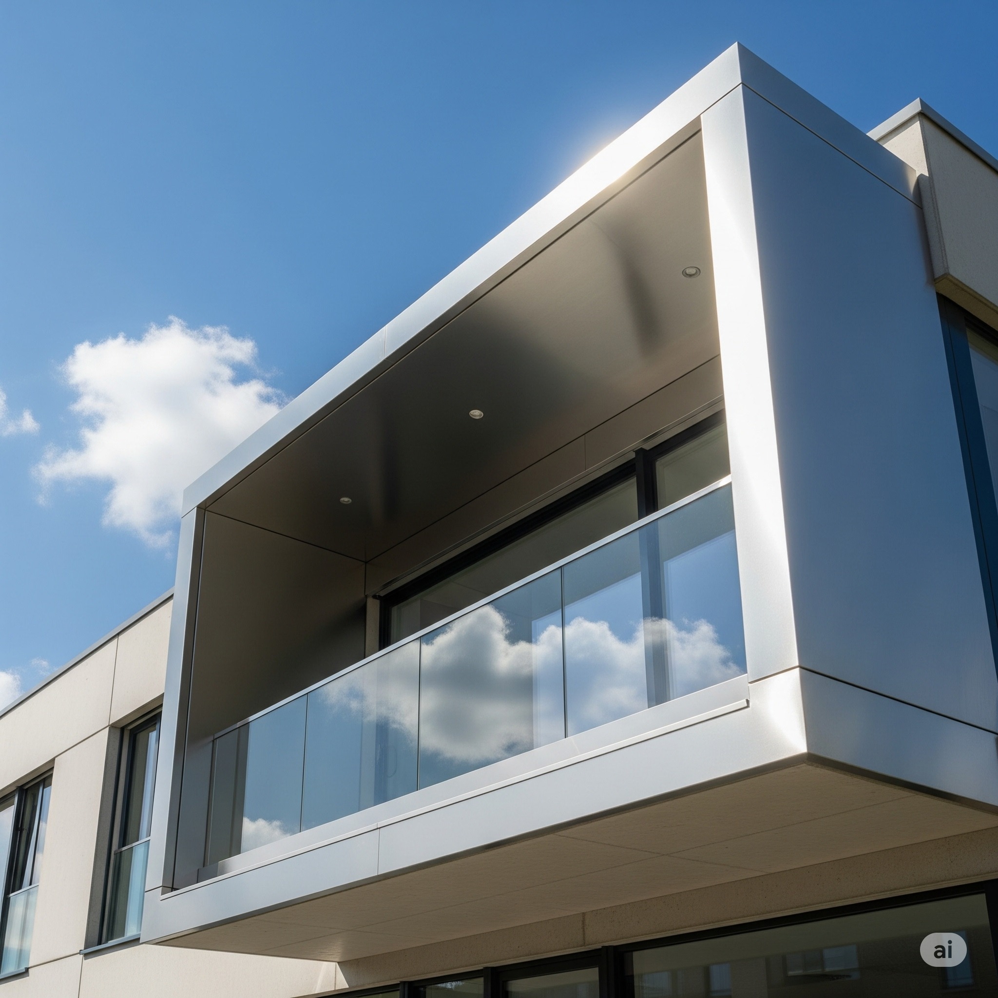 Nowoczesny balkon z przeszkloną balustradą i metalową ramą w odcieniach szarości, odbijający błękit nieba i chmury, widziany z dołu pod kątem.