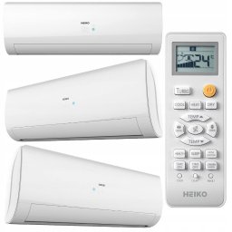 WATOR Krystian Wątor - Trzy białe klimatyzatory HEIKO na ścianie, z pilotem pokazującym 24 stopnie Celsjusza. Układ kaskadowy, różne kąty ujęcia, nowoczesny design.