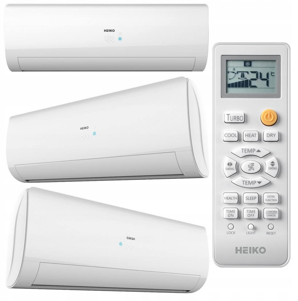 Trzy białe klimatyzatory HEIKO na ścianie, z pilotem pokazującym 24 stopnie Celsjusza. Układ kaskadowy, różne kąty ujęcia, nowoczesny design.