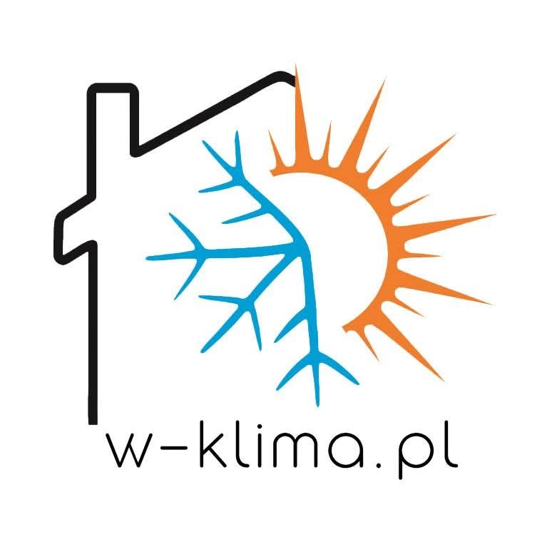 Logo firmy w-klima.pl: kontur domu, płatek śniegu (chłodzenie) i słońce (ogrzewanie) w kolorach niebieskim i pomarańczowym na białym tle.