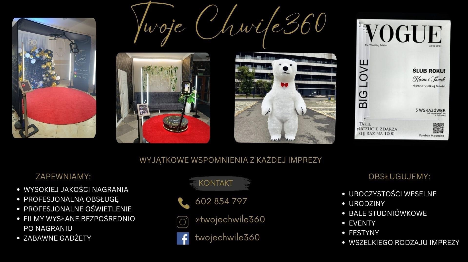 Fotobudka 360 z czerwonym dywanem, pluszowy biały miś z muchą i okładka magazynu. Reklama usług na różne imprezy.