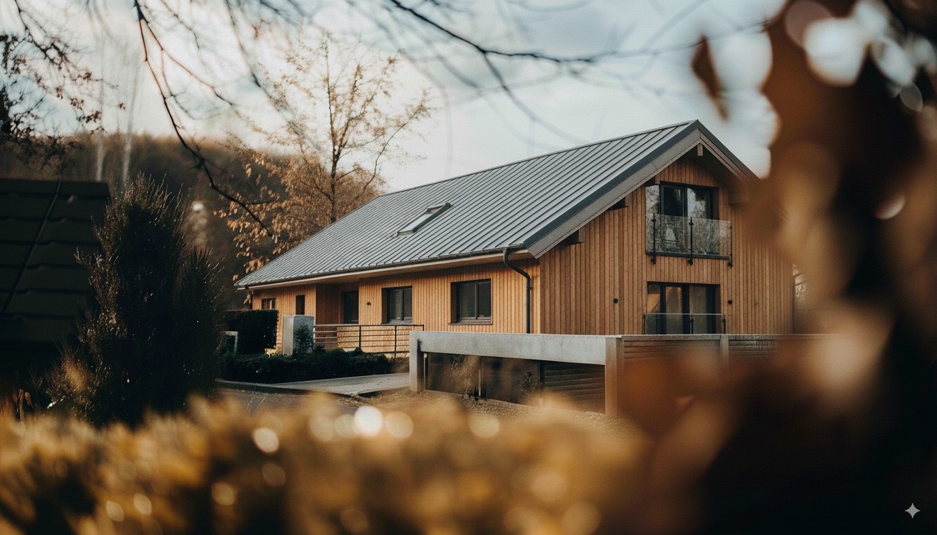 Nowoczesny dom z drewnianą elewacją i metalowym dachem, widziany przez jesienne liście. Uwagę zwraca minimalistyczny design i naturalne materiały.