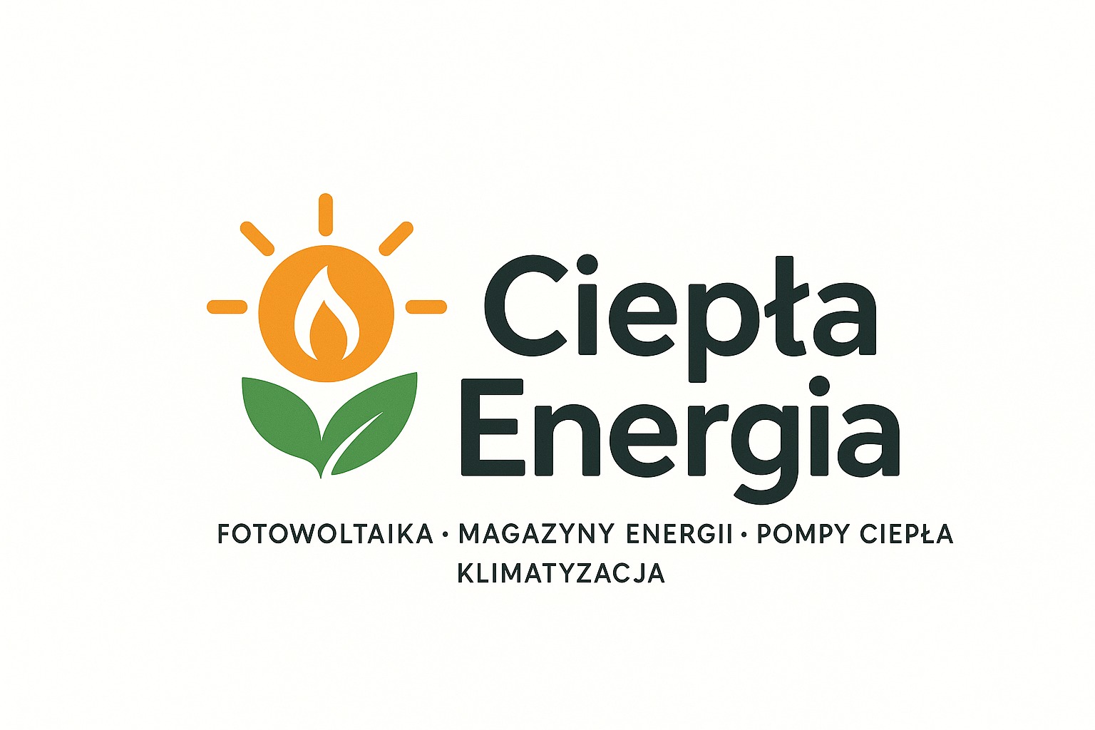Graficzne logo firmy 'Ciepła Energia' z symbolem słońca i liści, oferującej fotowoltaikę, magazyny energii, pompy ciepła i klimatyzację. Minimalistyczny design na jasnym tle.