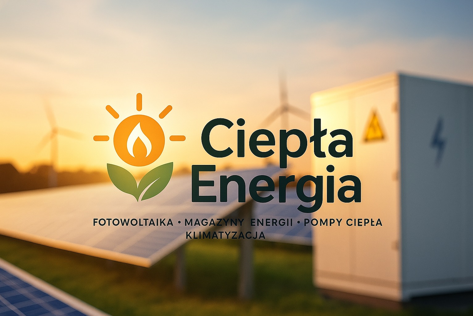 Logo 'Ciepła Energia' na tle instalacji fotowoltaicznej, turbiny wiatrowej i skrzynki elektrycznej. Promocja fotowoltaiki, magazynów energii, pomp ciepła i klimatyzacji.