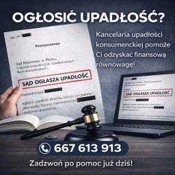Masz długi, komornika, zajęte konto?

Pomagamy w przygotowaniu i przeprowadzeniu całej procedury upadłości konsumenckiej - od analizy sytuacji, przez wniosek do sądu, aż po zakończenie postępowania.
Rzetelnie. Dyskretnie. Skutecznie.