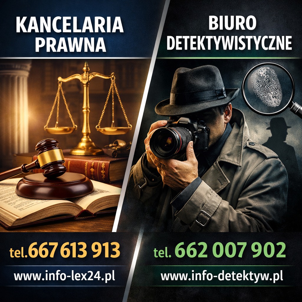 Grafika: Po lewej waga sprawiedliwości i kodeks prawny, po prawej detektyw z aparatem i lupa z odciskiem palca. Numery telefonów i adresy stron internetowych.
