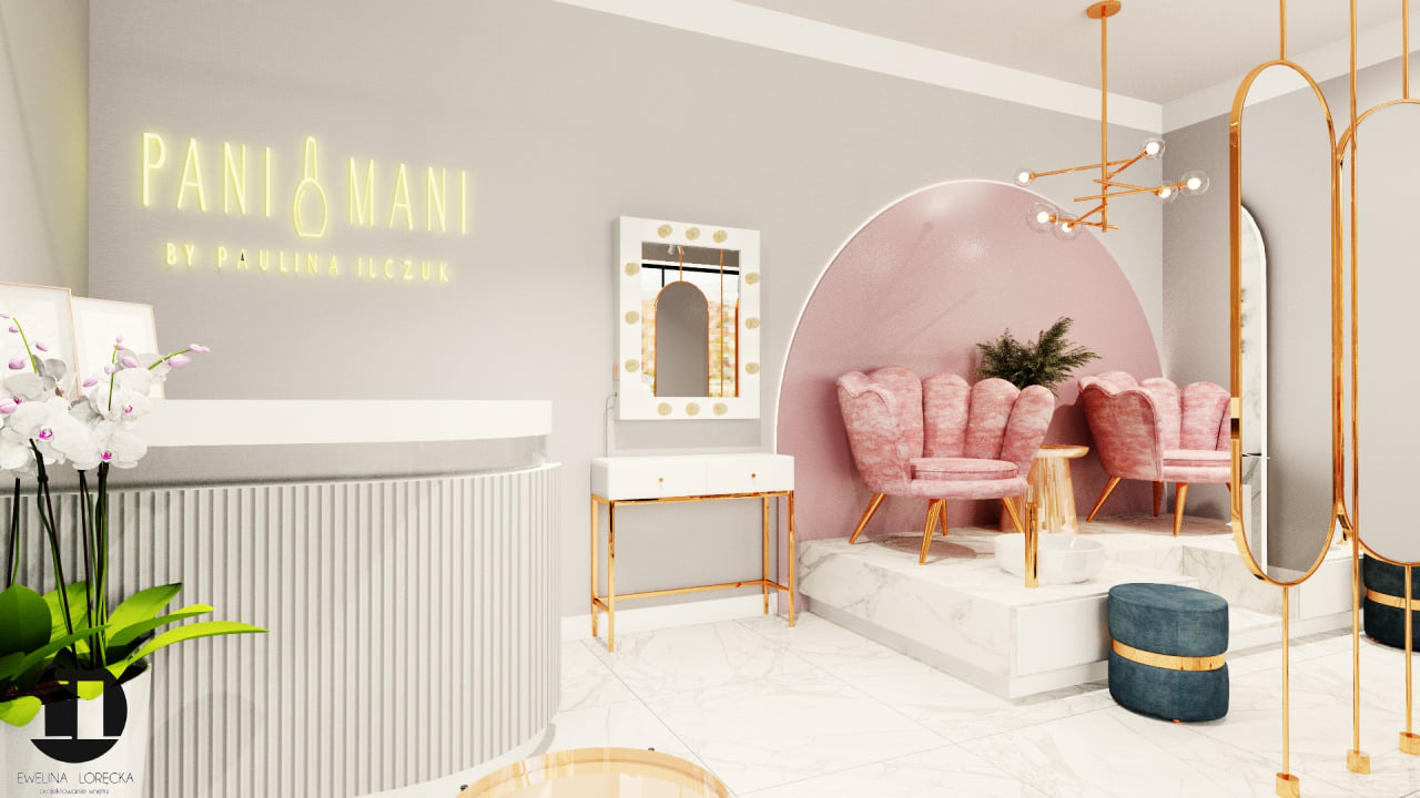 Wnętrze salonu manicure w odcieniach różu i złota z neonowym logo 'Pani & Mani', eleganckimi fotelami i marmurową podłogą, zaprojektowane przez Ewelinę Lorecką.