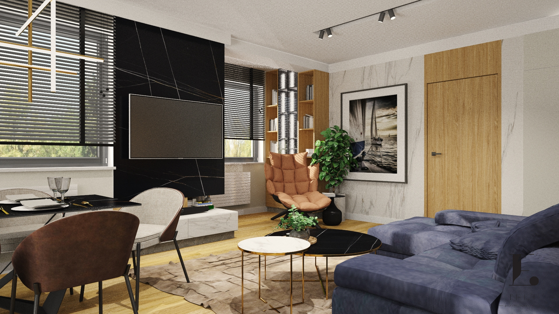 Elegancki salon z czarną ścianą z marmuru, telewizorem, wygodną sofą i stylowymi stolikami kawowymi. Widoczne detale: lampa sufitowa, zasłony, obraz na ścianie.