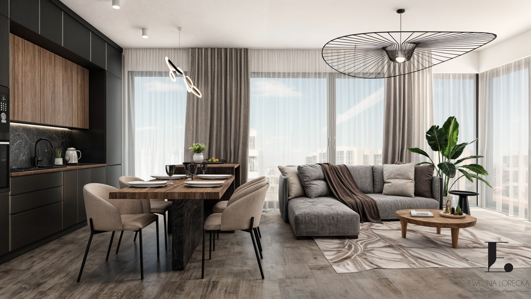 Stylowe wnętrze: czarna kuchnia z drewnianymi akcentami, stół z nakryciem, szara sofa z rośliną i designerska lampa. Realizacja projektu wnętrz.