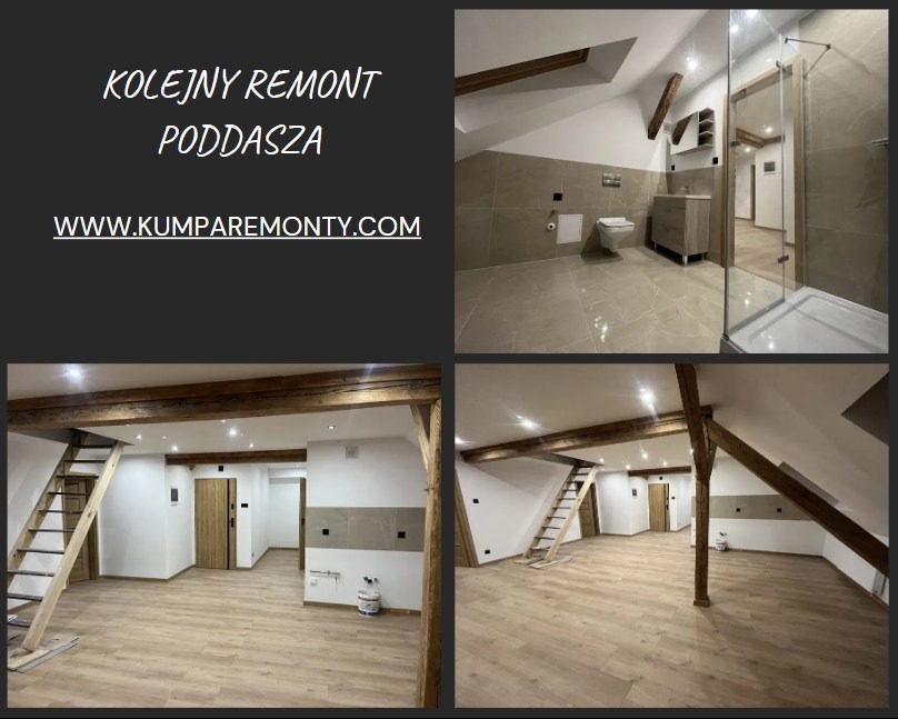 Wykończone poddasze: łazienka z kabiną prysznicową i toaletą, przestronny pokój z drewnianymi belkami i schodami. Jasne wnętrze po remoncie, widok z różnych perspektyw.