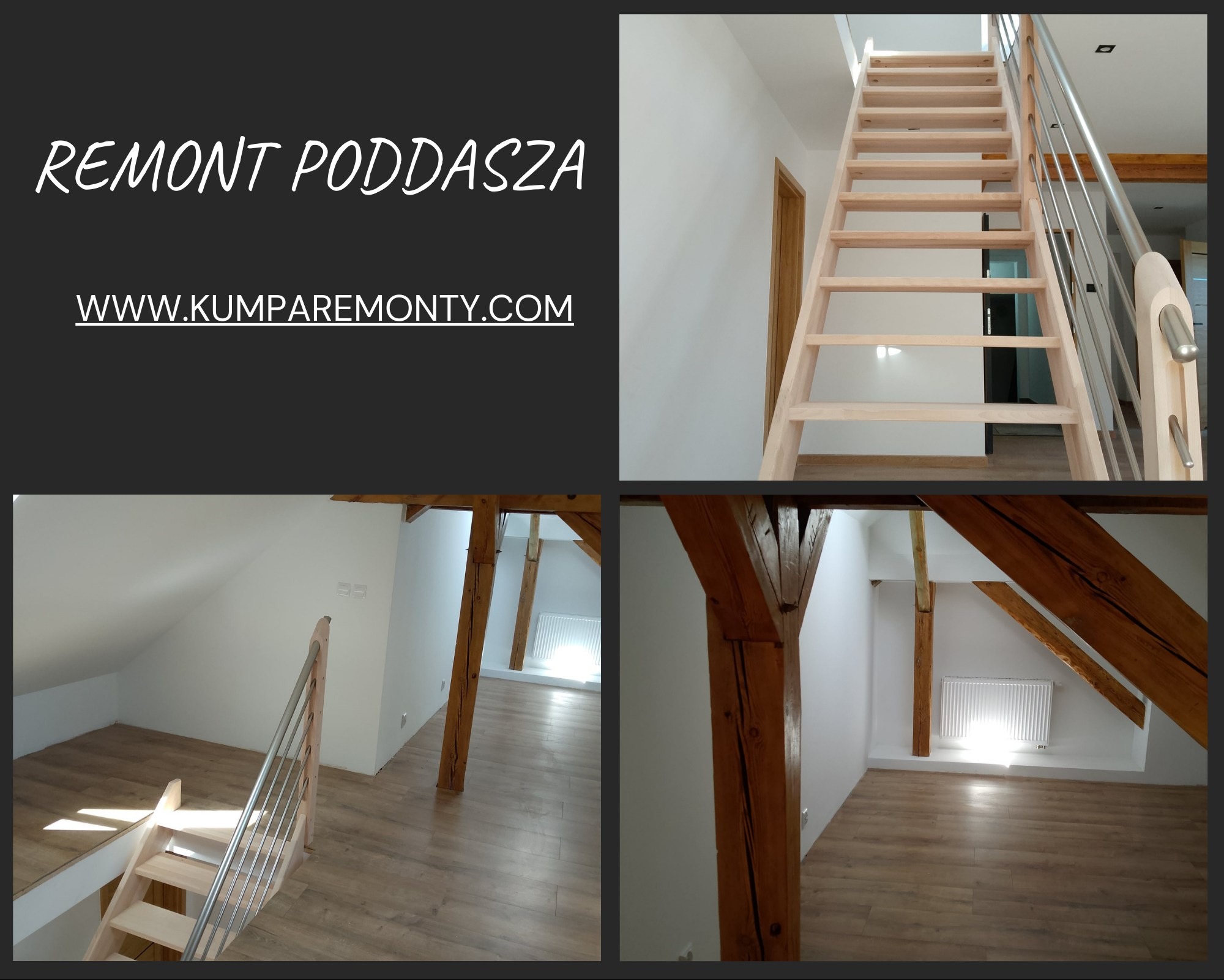 Jasne drewniane schody z metalową balustradą prowadzą na poddasze. Wykończone wnętrze z drewnianymi elementami konstrukcyjnymi i podłogą.