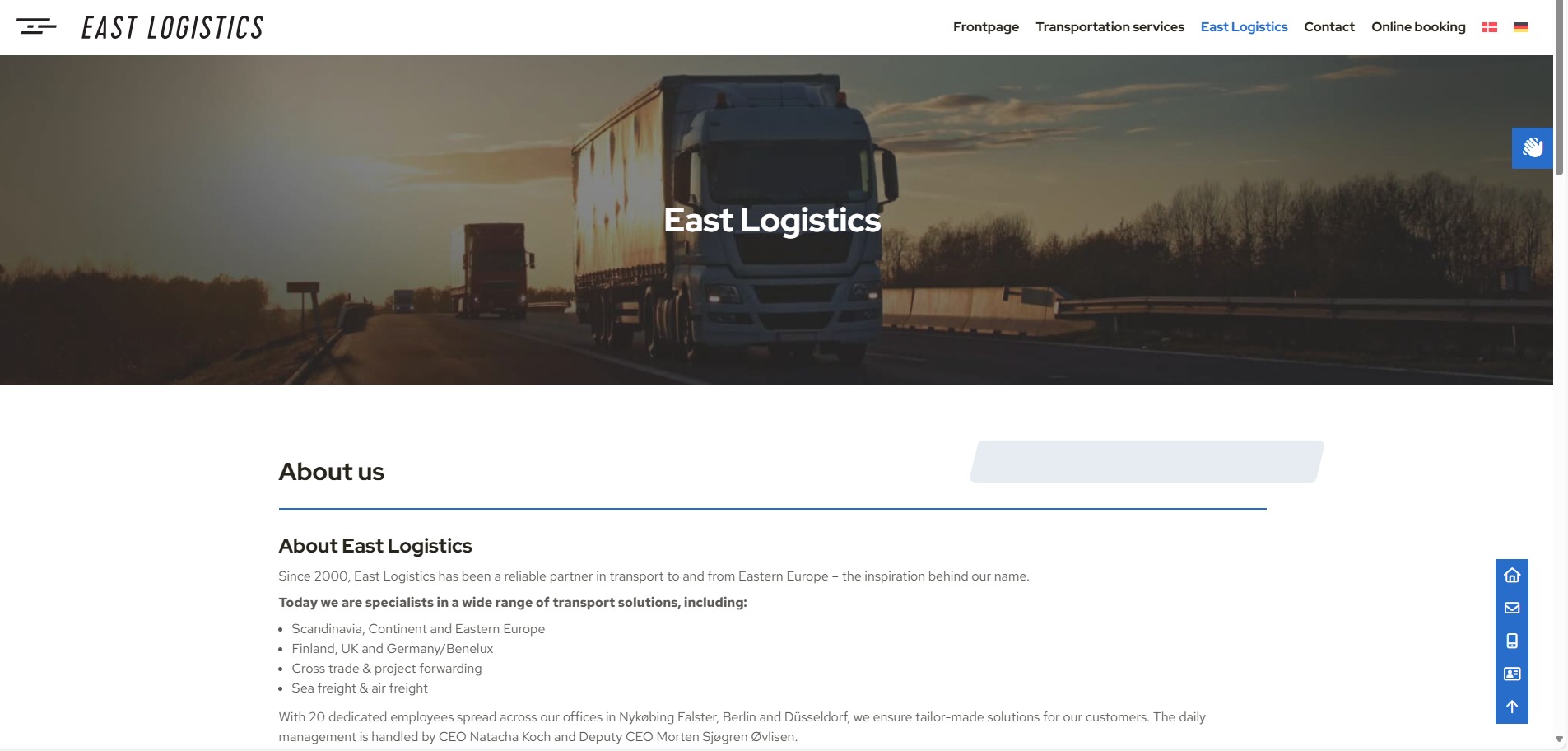 Strona www firmy transportowej East Logistics. Na banerze ciężarówki w trasie o zachodzie słońca. Tekst: East Logistics. Oferta: transport do Europy Wschodniej.