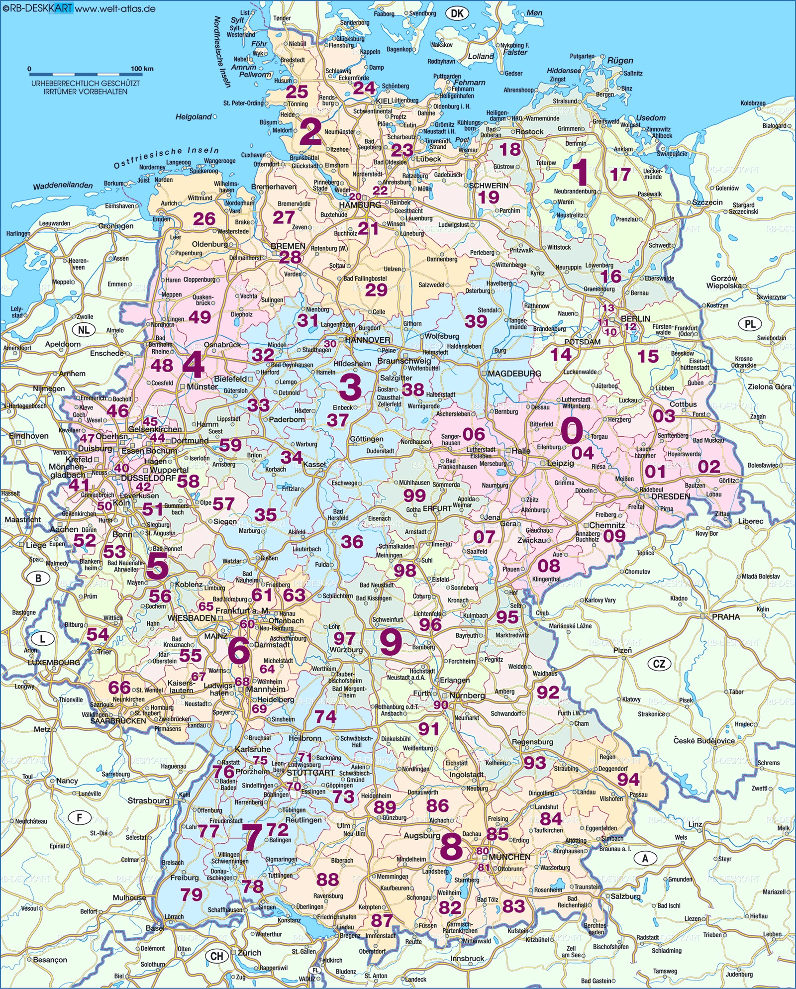 Mapa Europy Środkowej z numerowanymi lokalizacjami miast, używana w transporcie. Widoczne Niemcy, Polska, Czechy, Austria, Szwajcaria i inne.