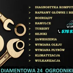 Złote klucze i podkładki na ciemnym tle obok listy usług warsztatu samochodowego VIPCAR z numerem telefonu i adresem. Oferta obejmuje diagnostykę, naprawy, klimatyzację i wulkanizację.