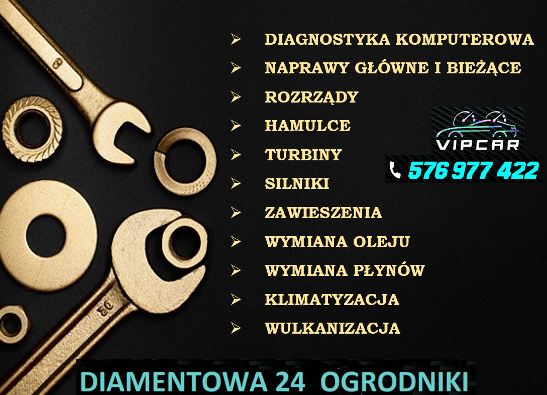 Złote klucze i podkładki na ciemnym tle obok listy usług warsztatu samochodowego VIPCAR z numerem telefonu i adresem. Oferta obejmuje diagnostykę, naprawy, klimatyzację i wulkanizację.