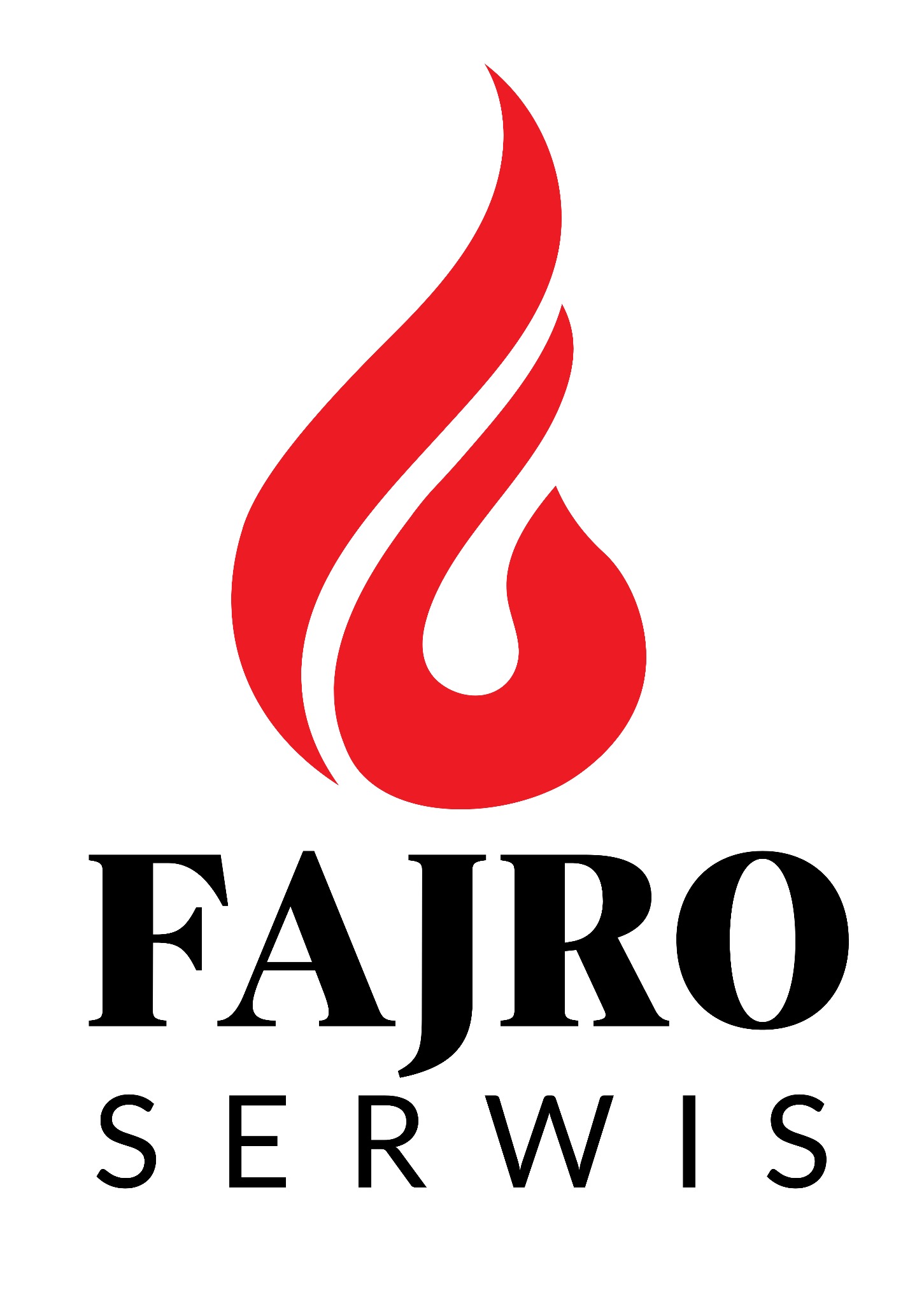 Logo firmy FAJRO SERWIS z abstrakcyjnym, czerwonym symbolem płomienia nad nazwą. Czarny, elegancki font.
