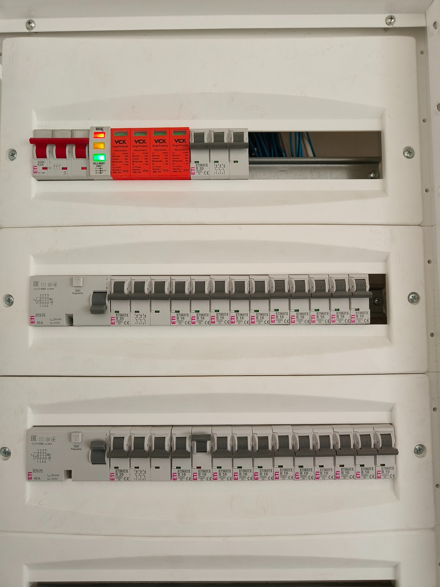 Rozdzielnia elektryczna z zabezpieczeniami przepięciowymi i wyłącznikami, widoczne bezpieczniki ETI, instalacja wewnątrz, oświetlenie LED.