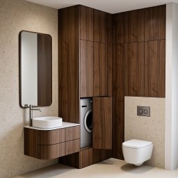 SZAJBA SPÓŁKA Z OGRANICZONĄ ODPOWIEDZIALNOŚCIĄ - Nowoczesna łazienka z zabudową z forniru orzechowego, umywalką nablatową i ukrytą pralką. Minimalistyczny design, ciepłe oświetlenie, beżowe płytki.