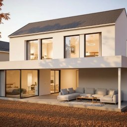 SZAJBA SPÓŁKA Z OGRANICZONĄ ODPOWIEDZIALNOŚCIĄ - Nowoczesny, dwukondygnacyjny dom z dużymi oknami i tarasem. Minimalistyczny design, biała elewacja, jesienne drzewa w tle. Widok na wnętrze z kanapą i sypialnią.