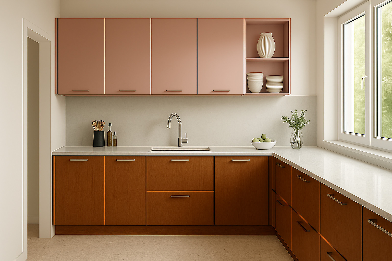 Nowoczesna kuchnia z górnymi szafkami w odcieniach pudrowego różu i dolnymi w kolorze drewna. Minimalistyczny design, jasne blaty i naturalne światło z okna.