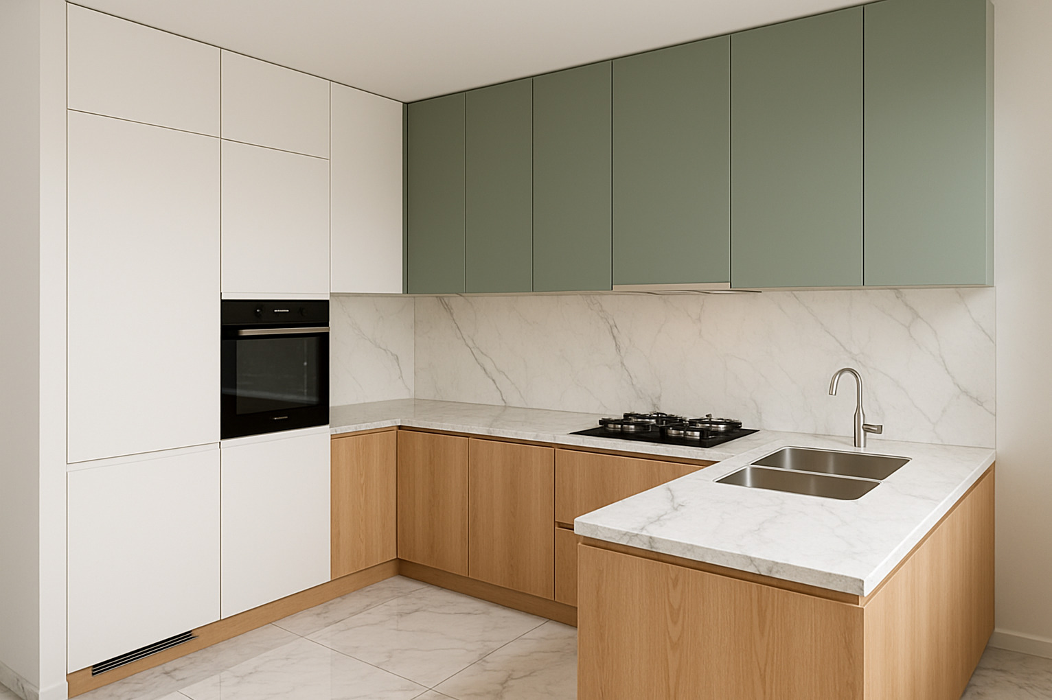 Nowoczesna kuchnia w odcieniach bieli, drewna i stonowanej zieleni. Marmurowy blat i backsplash dodają elegancji. Widoczna płyta grzewcza i piekarnik.