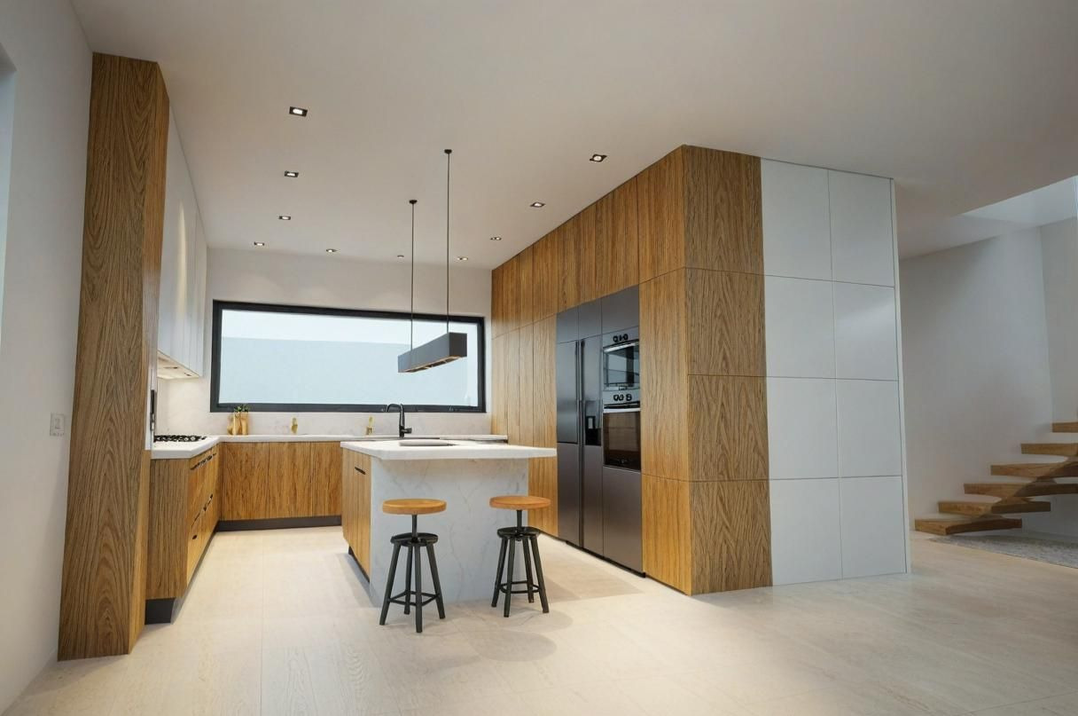 Nowoczesna kuchnia z drewnianymi frontami, wyspą z marmurowym blatem i hokerami. Minimalistyczne oświetlenie i duże okno dopełniają aranżację.