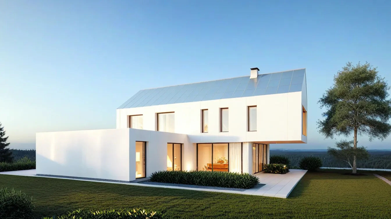 Nowoczesny dom z białymi ścianami i metalowym dachem, otoczony zielonym trawnikiem i drzewami. Minimalistyczny design, duże okna, jasne wnętrze.