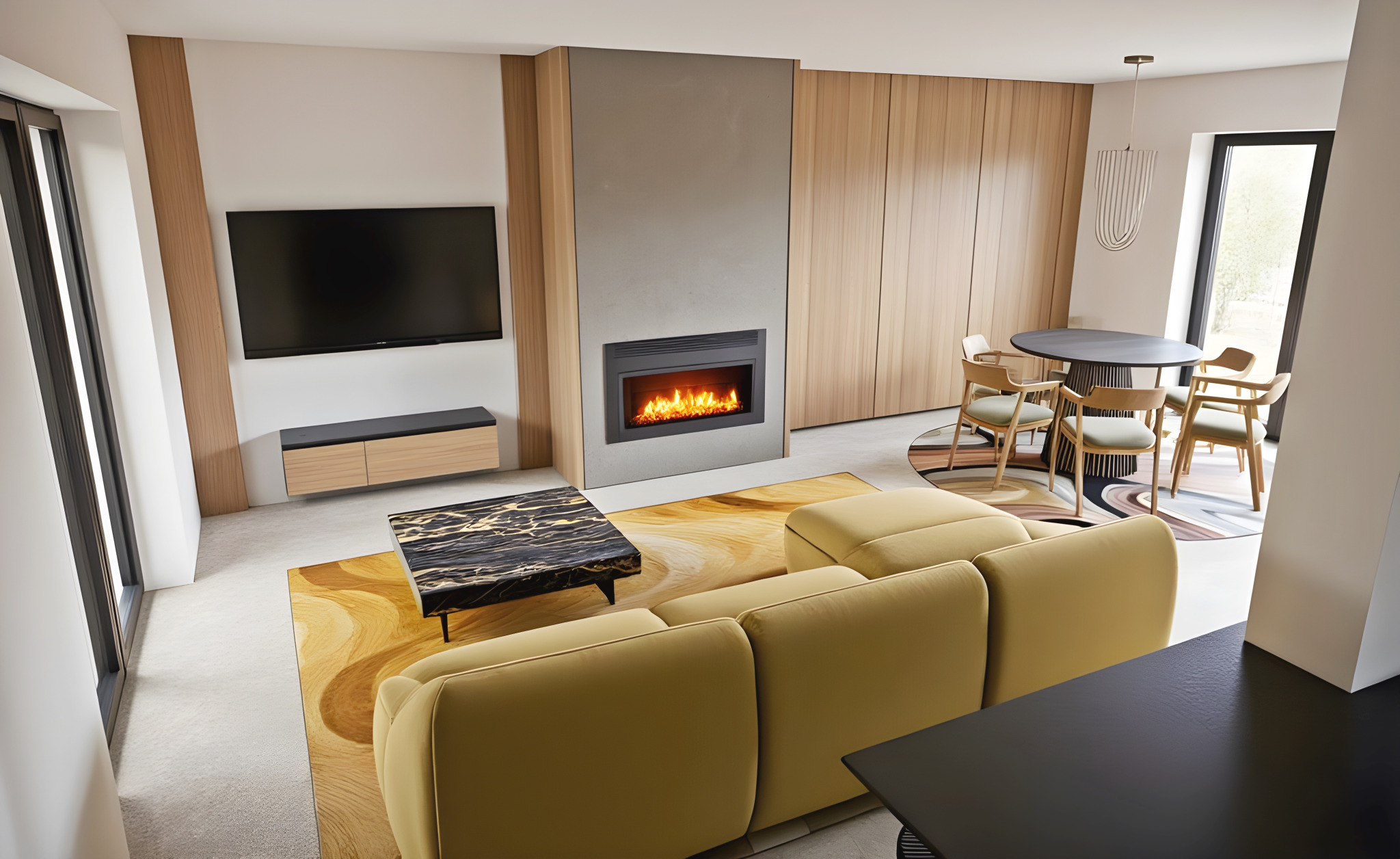 Nowoczesny salon z kominkiem, żółtą sofą i drewnianymi panelami ściennymi. Stół jadalny z krzesłami w tle. Minimalistyczny design, ciepłe oświetlenie.