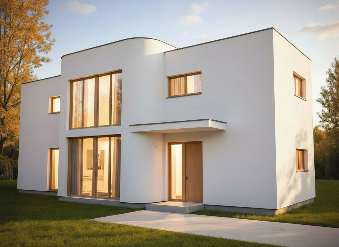 Nowoczesny, dwukondygnacyjny dom z płaskim dachem i dużymi oknami, oświetlony ciepłym światłem zachodzącego słońca, otoczony zielonym trawnikiem i drzewami.