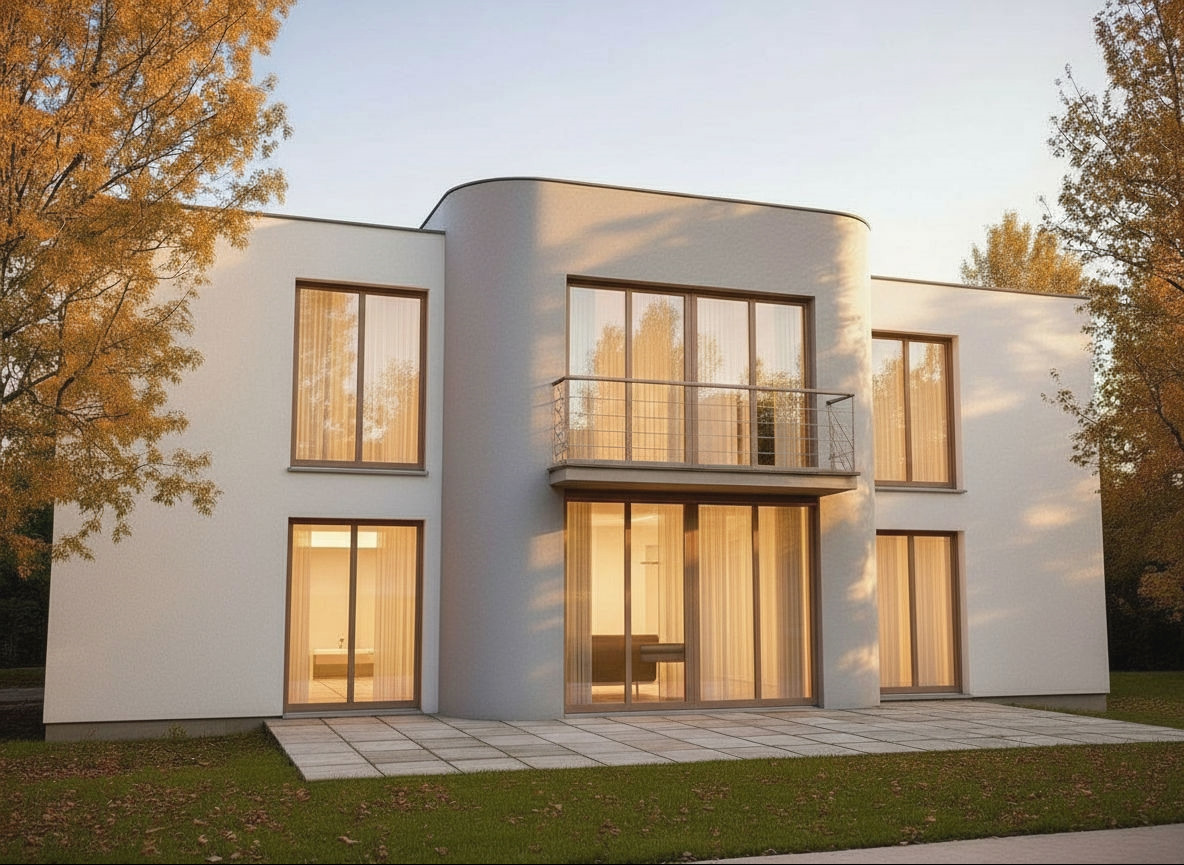 Nowoczesny dom z białymi ścianami i dużymi oknami, balkon z metalową barierką, jesienne drzewa w tle, ciepłe światło słoneczne.