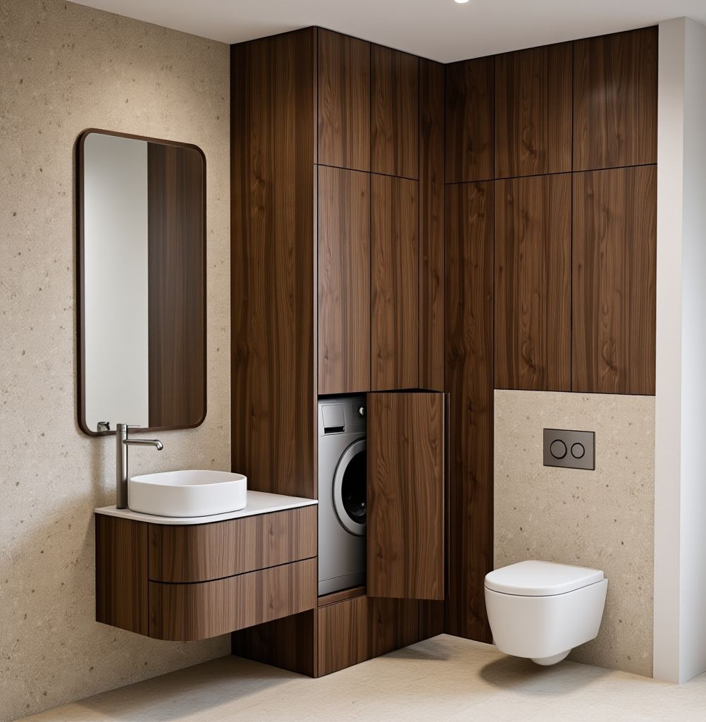 Nowoczesna łazienka z zabudową z forniru orzechowego, umywalką nablatową i ukrytą pralką. Minimalistyczny design, ciepłe oświetlenie, beżowe płytki.