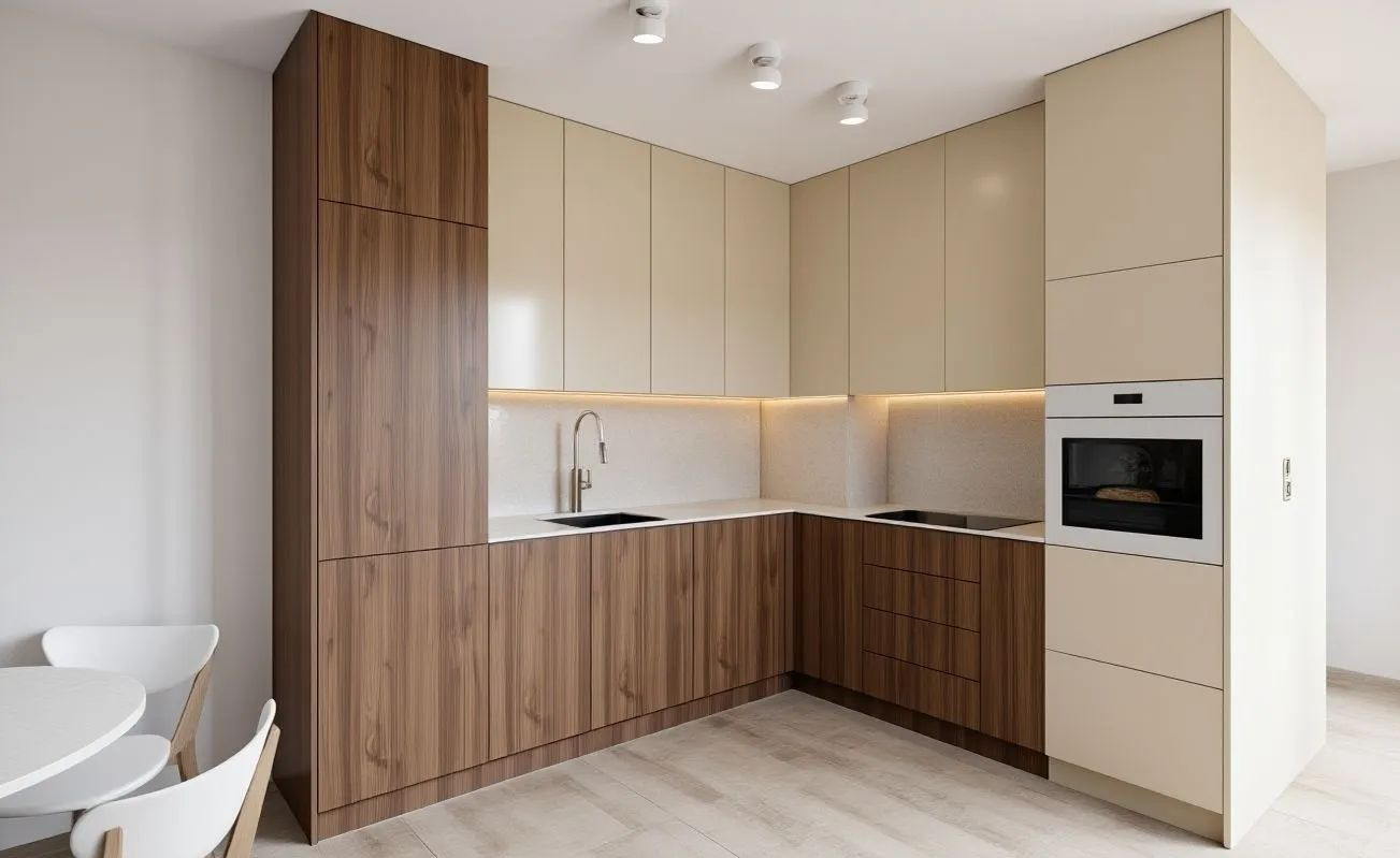 Nowoczesna kuchnia w odcieniach beżu i drewna z oświetleniem LED pod szafkami, widok na zabudowę kuchenną z piekarnikiem i okrągły stół z krzesłami.