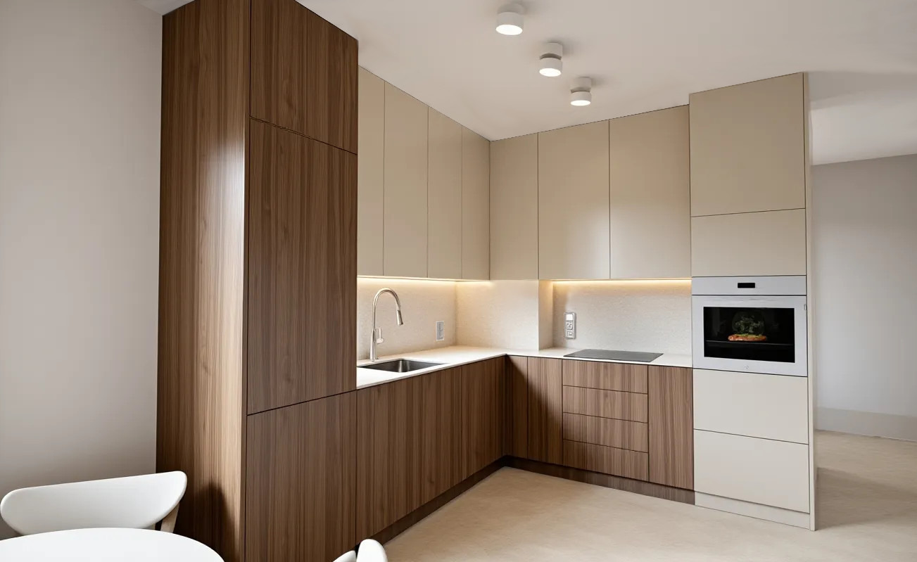 Nowoczesna kuchnia z drewnianymi i beżowymi frontami, oświetleniem LED podszafkowym i białym piekarnikiem. Minimalistyczny design z elementami drewna.