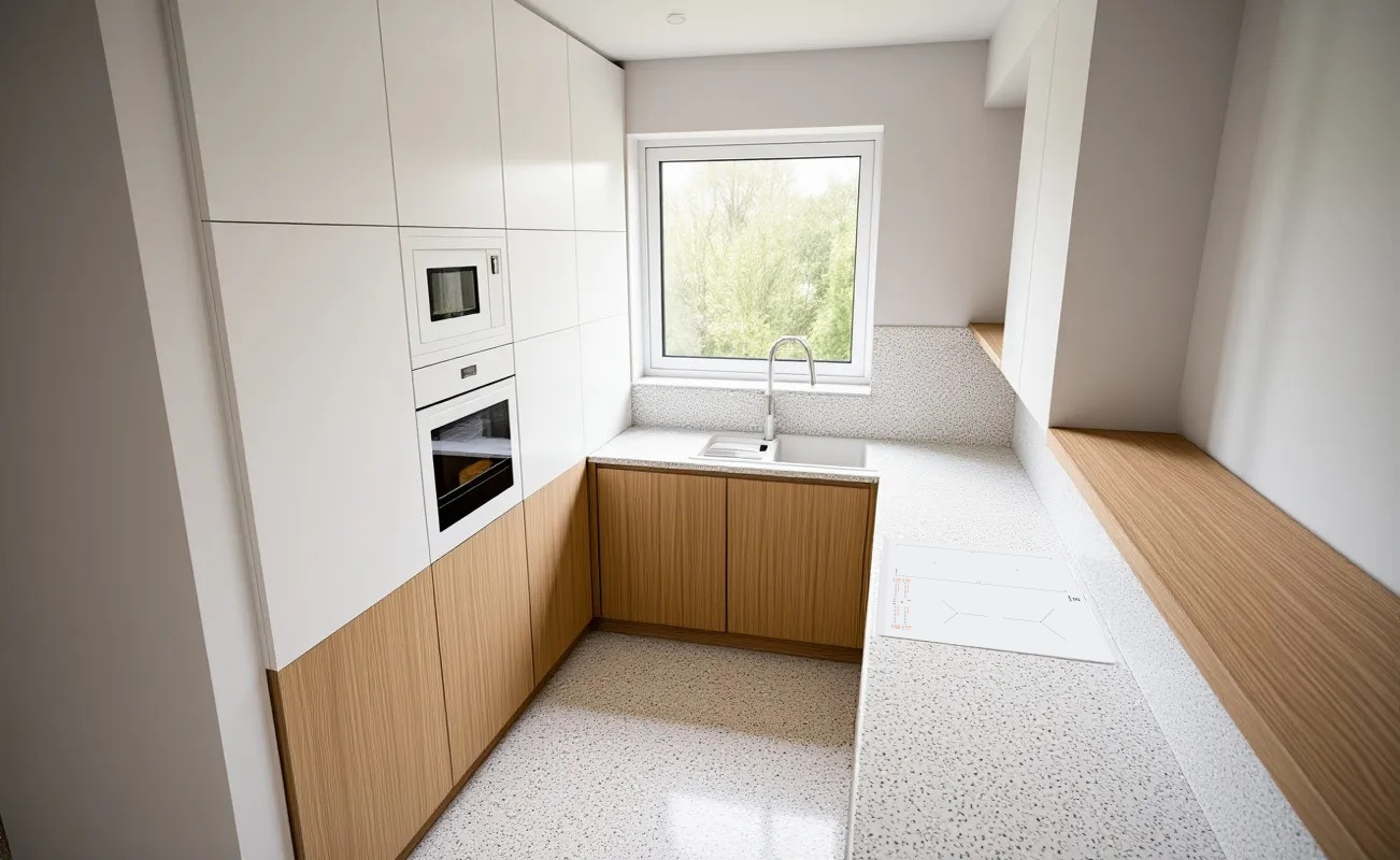 Jasna kuchnia z białymi szafkami górnymi i drewnianymi dolnymi, okno z widokiem na zieleń, blat z białego lastryko. Minimalistyczny design, nowoczesne oświetlenie.