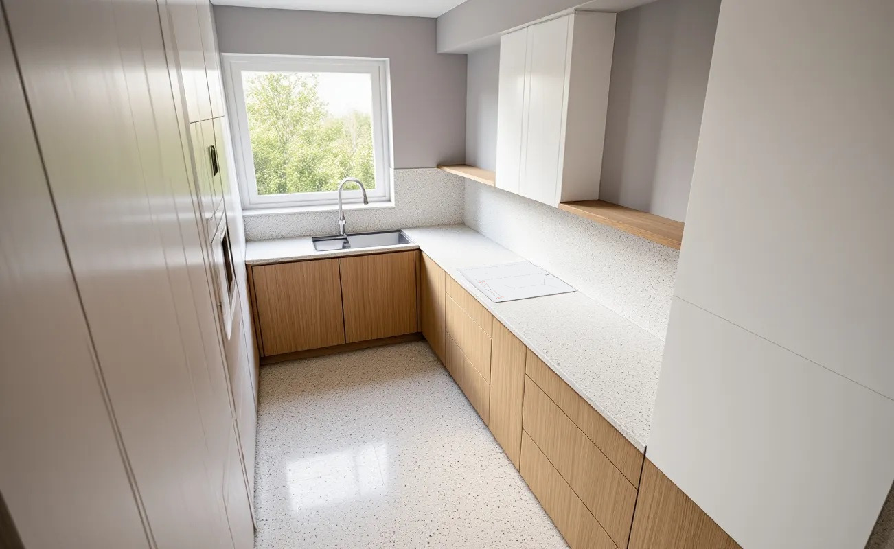 Jasna kuchnia z drewnianymi szafkami i blatem w terrazzo. Minimalistyczny design, okno z widokiem na zieleń. Nowoczesne oświetlenie i armatura.