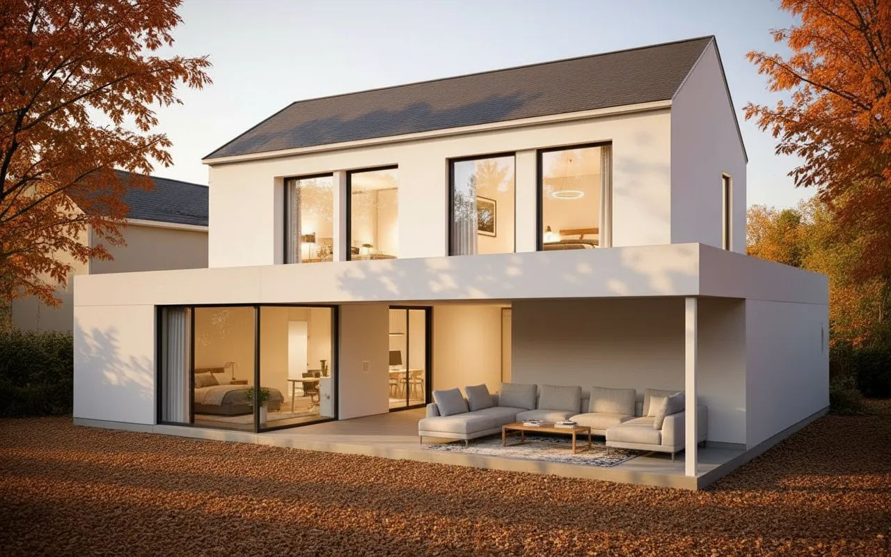 Nowoczesny, dwukondygnacyjny dom z dużymi oknami i tarasem. Minimalistyczny design, biała elewacja, jesienne drzewa w tle. Widok na wnętrze z kanapą i sypialnią.